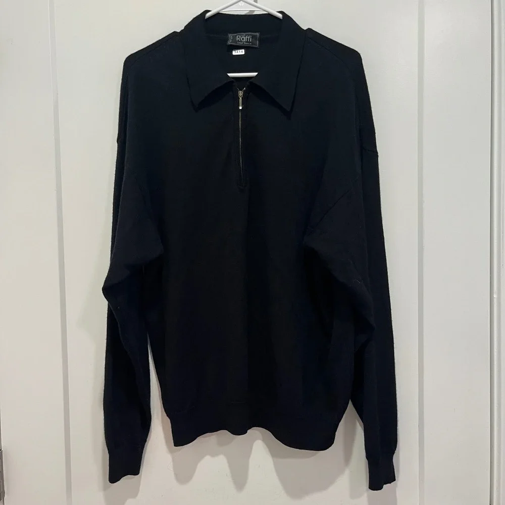 Raffi Linea Uomo Mens Black Wool Blend Quarter Zip Polo Sweater Made in Italy